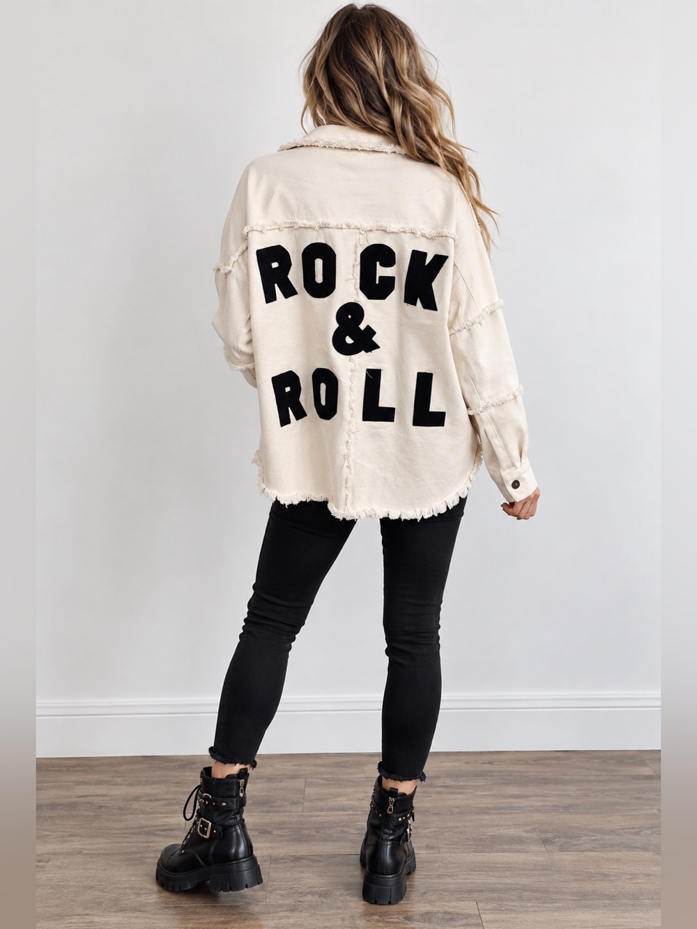 Blue Velvet Rock & Roll Graphic Button-Up Shirt Jacket - Creamy white